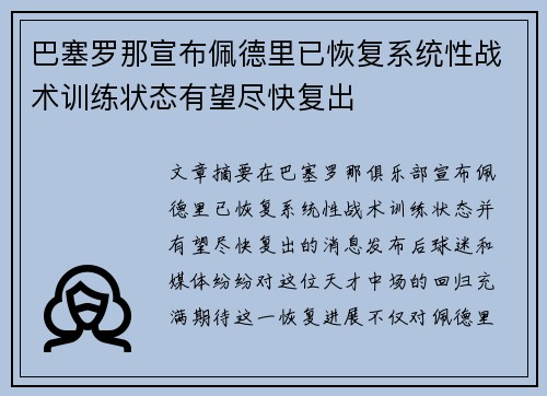 巴塞罗那宣布佩德里已恢复系统性战术训练状态有望尽快复出 巴塞罗那宣布佩德里已恢复系统性战术训练状态有望尽快复出