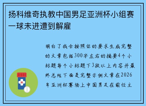 扬科维奇执教中国男足亚洲杯小组赛一球未进遭到解雇 扬科维奇执教中国男足亚洲杯小组赛一球未进遭到解雇